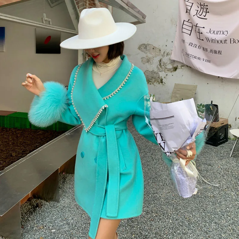 Женское шерстяное пальто, свободная Двухсторонняя куртка с манжетами из натурального Лисьего меха на осень