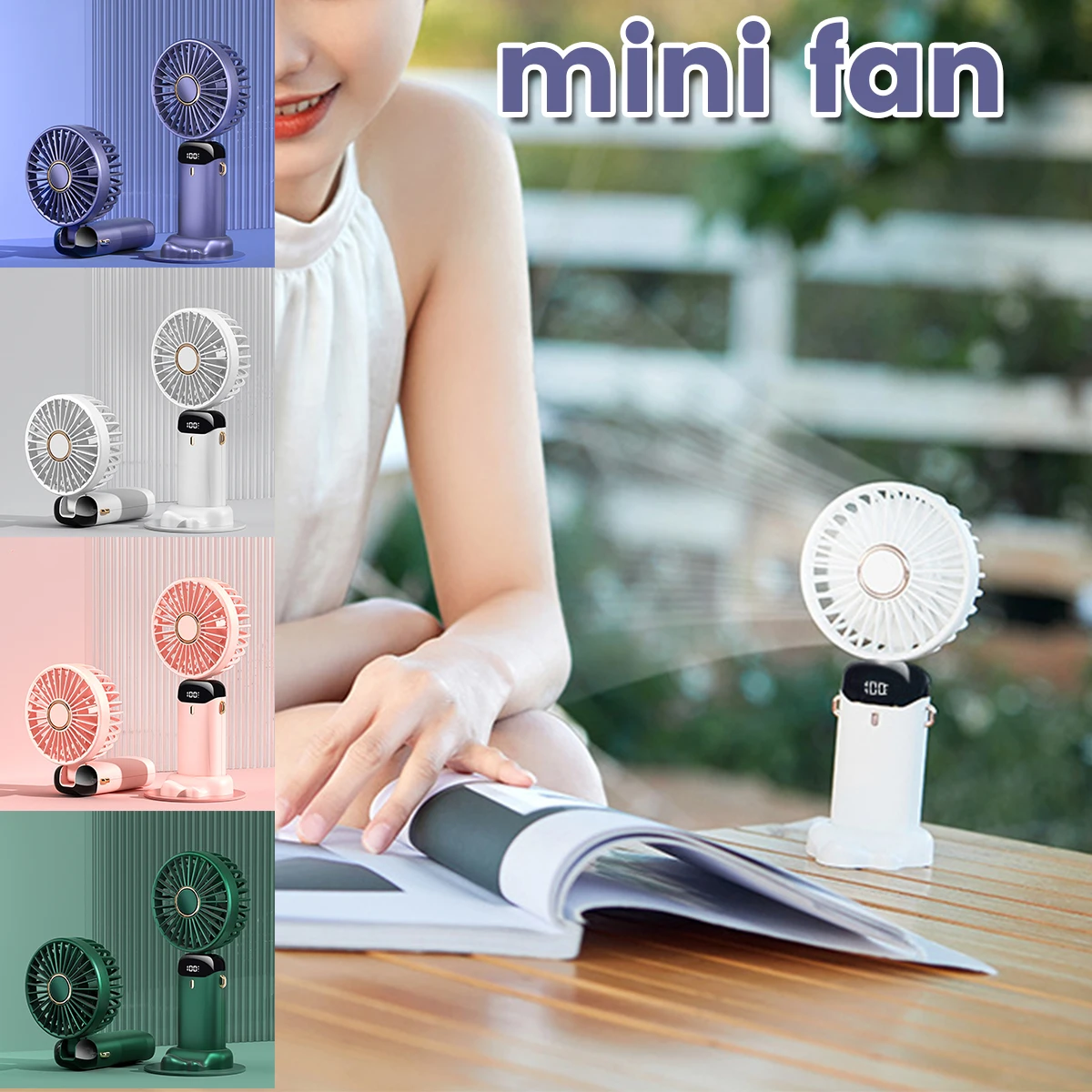 

USB Mini Handheld Fan 5 Speeds Strong Wind Portable Lanyard Fan 3000mAh Rechargeable Cooling Fan with Detachable Cover 90°