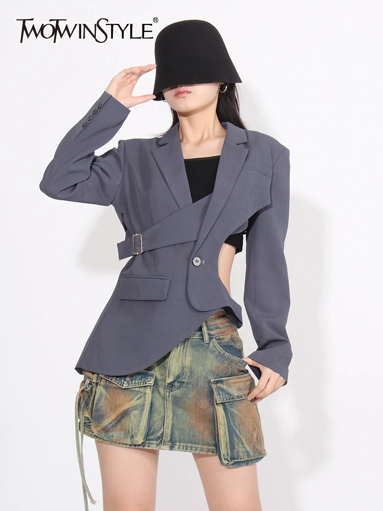 

TWOTWINSTYLE Solid Hollow Out Asymmetrical Blazer For Women Notched Collar Long Sleeve Patchwork Pocket Chic Blazers Female New