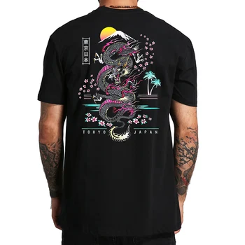 일본 백 프린트 드래곤 티셔츠, 애니메이션 티셔츠, 쿨 컬처 벚꽃 갱 스트리트웨어, EU 사이즈 상의, 티 옴므