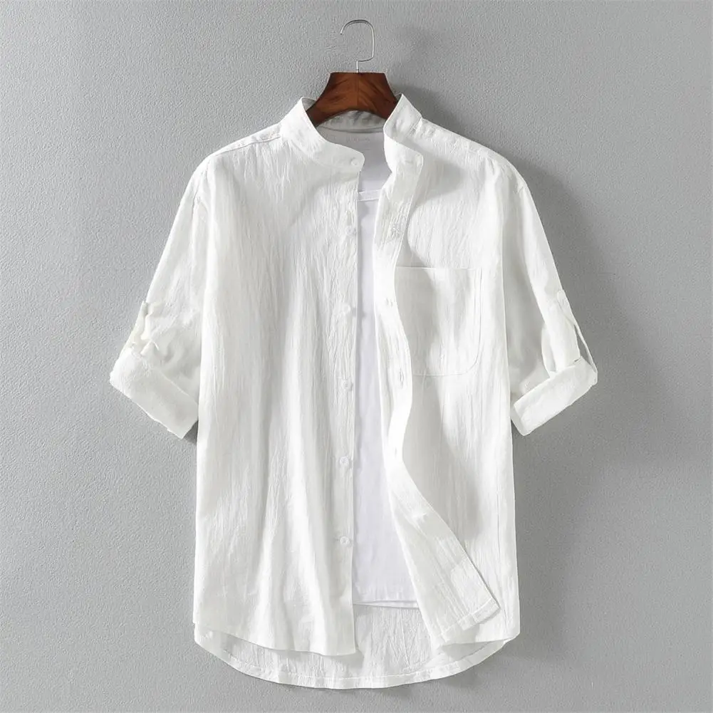 

Spring and Summer Stand Collar Five-point Mid-sleeve Fashionable Men's Short-sleeved Shirt Seven-point Sleeve Large Size Men's