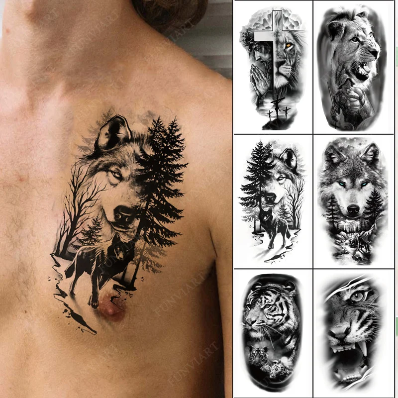 

Men's Temporary Tattoos Small Arm Waterproof Tattoo Stickers Tiger Skeleton Animal Tattoos Body Art Fake Tattoo Wolf for Women