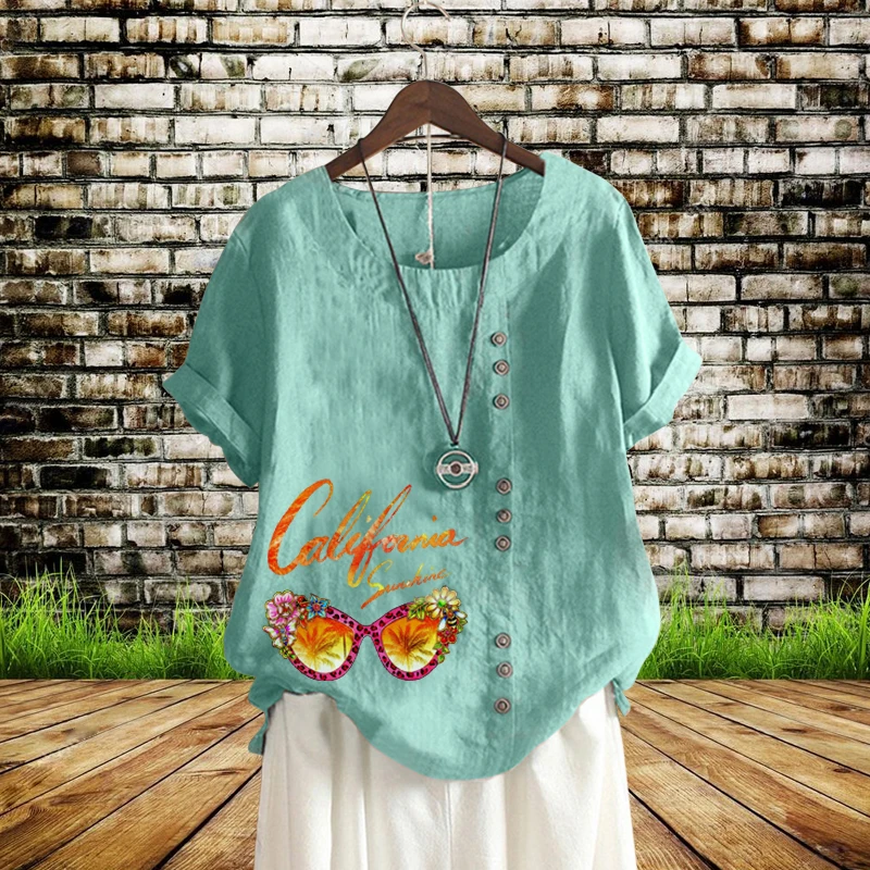 

New Summer Personalized Glasses Print Loose T-Shirt Comfortable Linen Round Neck Solid Plus Size Short Sleeve Top XS-5XL
