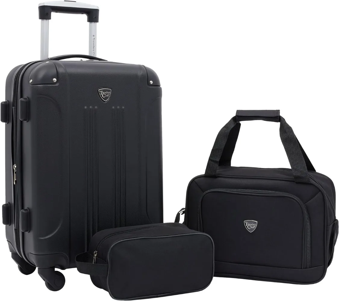 

Travelers Club Chicago Hardside Expandable Spinner Luggages, Black, 3 Piece Set 20" Carry on Luggage, 15" Boarding Tote