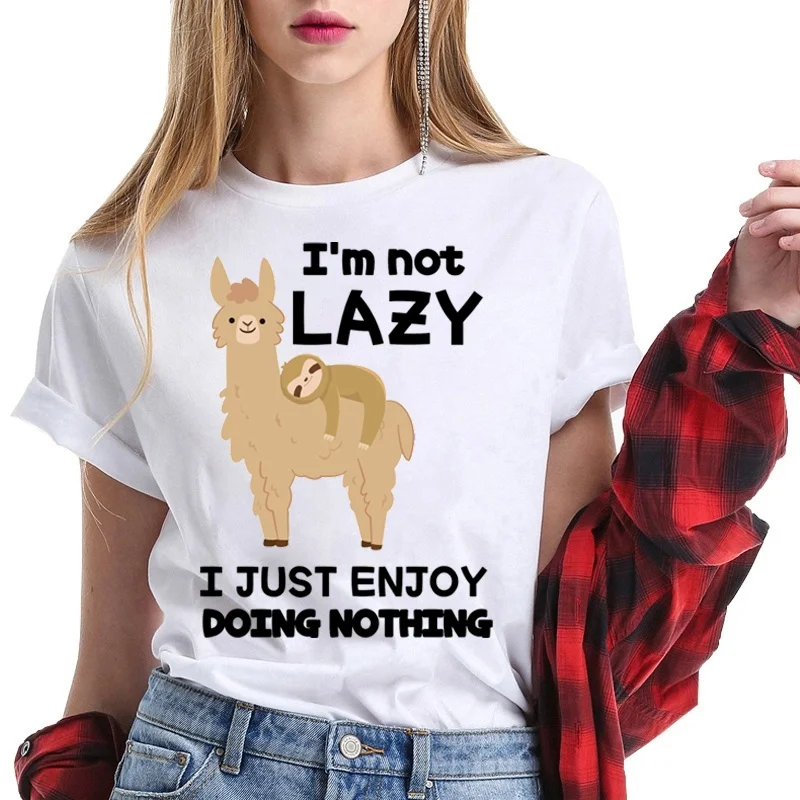 

Funny Llama I'm Not Lazy I Just Enjoy Doing Nothing Print T-shirts For Women Summer Round Neck Tee Shirt Femme Fashion Casual T