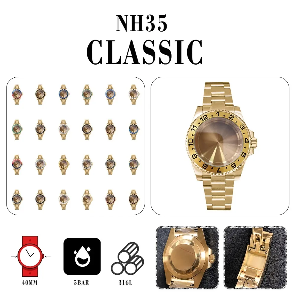 

PVD gold-plated stainless steel case + steel band 40mm Sapphire Flat Mirror Suitable for NH35/NH36 movements