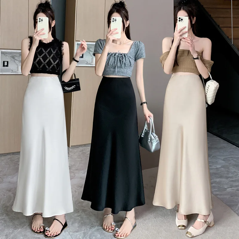 

Women Elegant Solid Satin Long Skirt Chic Y2K High Waist Slim Skirts Female Fashion Silk Texture Ladies Tight Midi Skirt