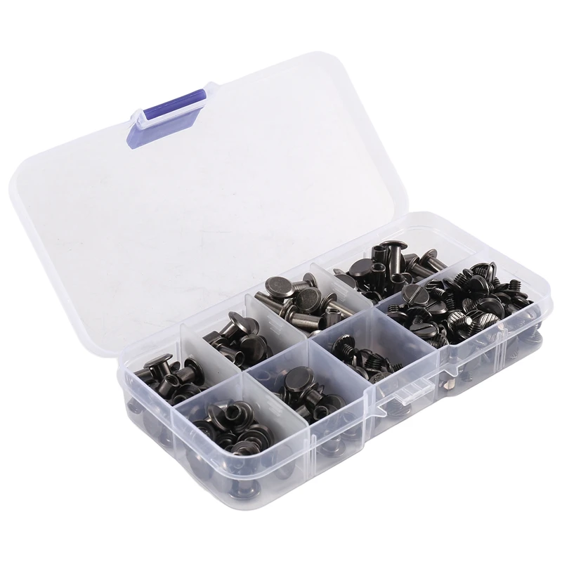 

90 Sets Chicago Screws Assorted Kit, 6 Sizes Of Round Flat Head Leather Rivets Metal Screw Studs For DIY Leather Craft