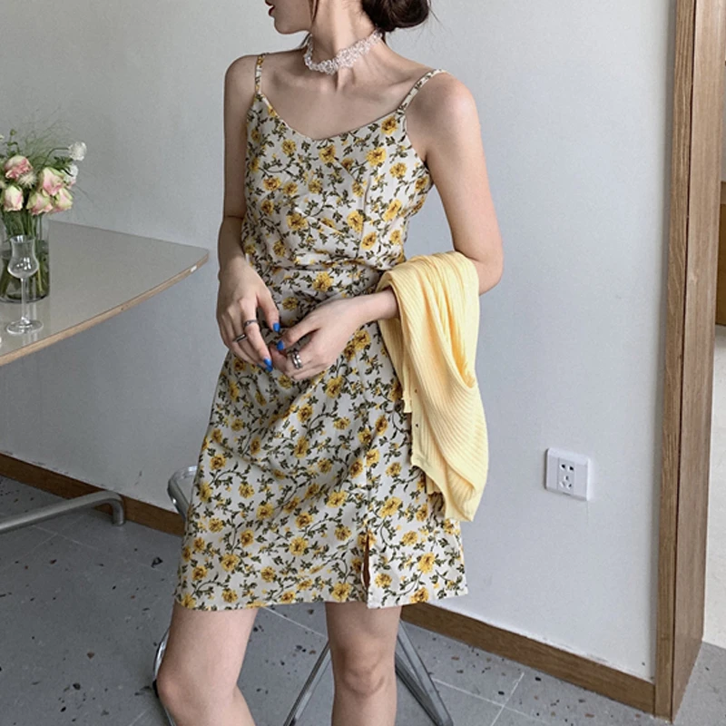

Женское пляжное мини-платье на бретельках, привлекательное облегающее платье с разрезом и цветочным принтом, с V-образным вырезом, без рукавов, лето 2024