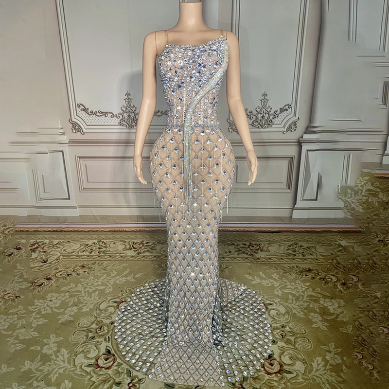 

Luxurious Crystals Rhinestones Chains Evening Prom Celebrate Birthday Floor-length Dress for Women Sexy Mesh Photo Shoot Wear