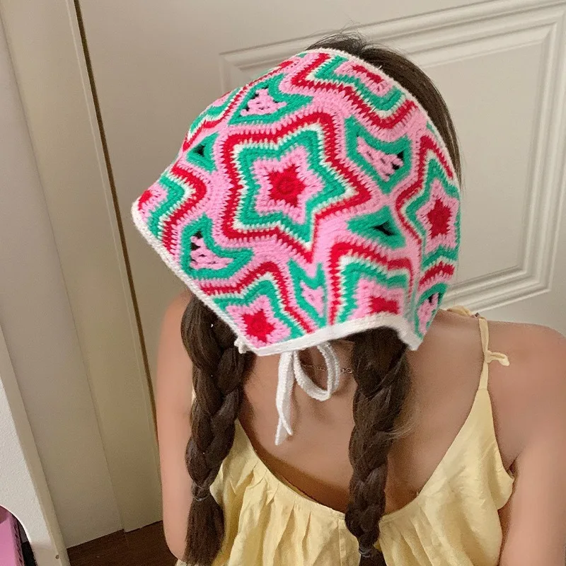 

Dopamine Pentagram Hollowed Out Knitted Triangular Headscarf Women Bag Head Pastoral Summer Seaside Photography Hair Headbands