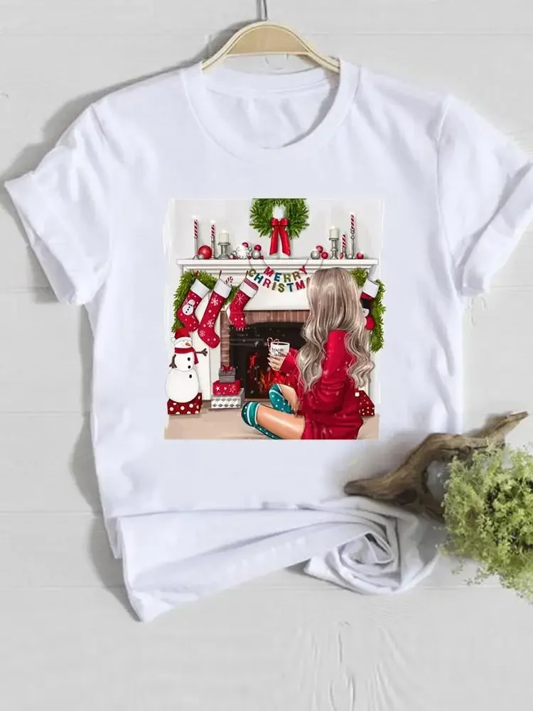 

Watercolor Style 90s Christmas Happy New Year Female Women Clothes Print O-neck Lady Casual Fashion Shirt Tee Graphic T-shirt