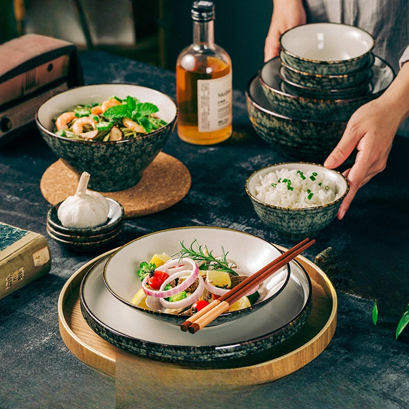 

Ceramic tableware retro dishes set Japanese creative home high-end dishes, chopsticks, soup bowls Chinese style.