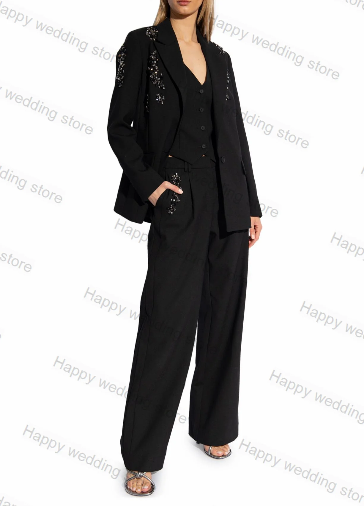 

Black Crystals Women Suit 3 Piece Blazer+Vest+Trousers Formal Office Lady Wedding Tuxedo Prom Dress Tailored Size Pants