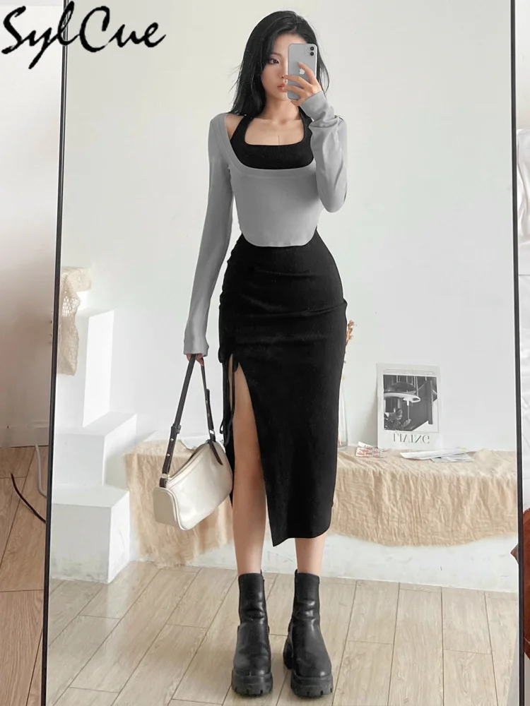 

2023 Simple Casual Solid Color Thin Loose Top With Tight Sexy Mature Halter Long Dress Women's Knitted Two-piece Set