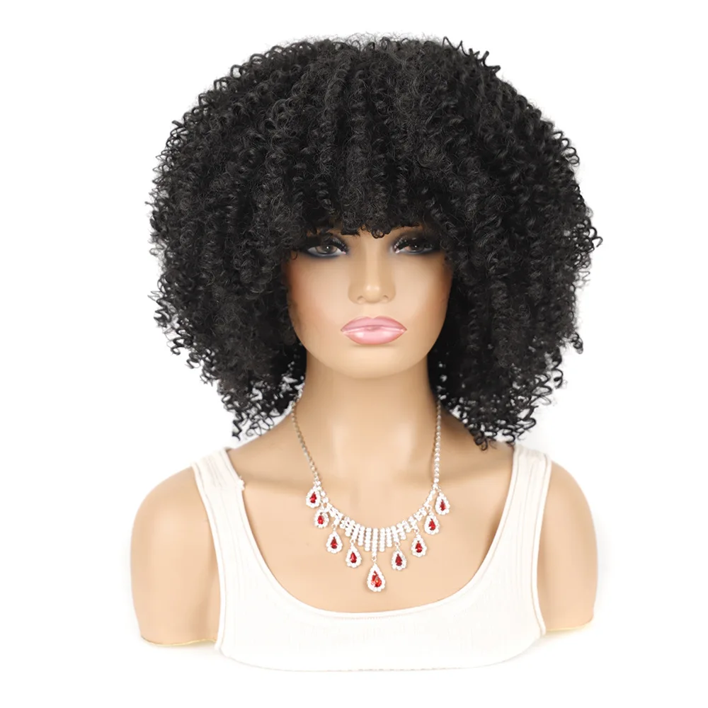 

50cm Black Color Short Hair Afro Kinky Curly Wig With Bangs For Black Women Cosplay Lolita Synthetic Natural Wigs