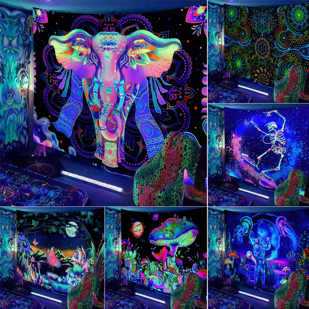 

UV Reactive Fluorescent Mandala Elephant Tapestry Hippie Psychedelic Skull Starry Sky Wall Hanging Cloth Bohemia Home Room Decor