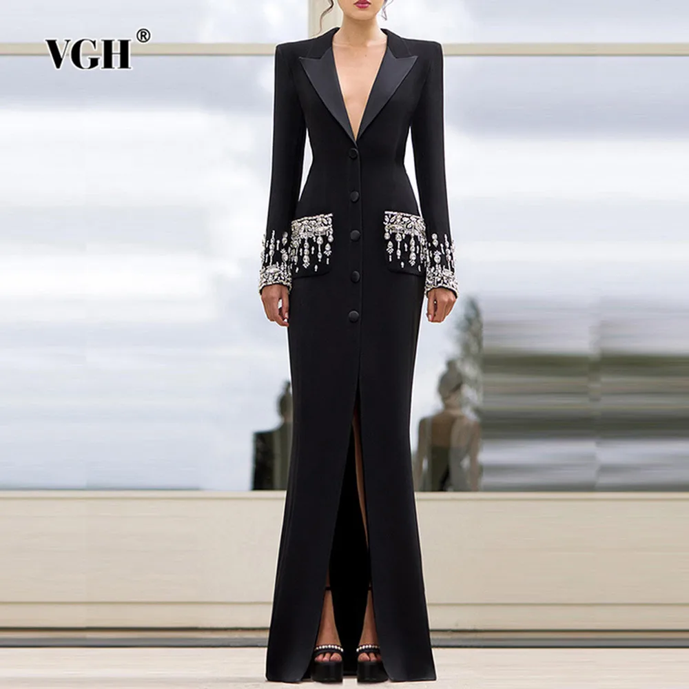 

VGH Patchwork Diamonds Slimming Blazer For Women Notched Collar Long Sleeve High Waist Spliced Button Elegant Dresses Female New