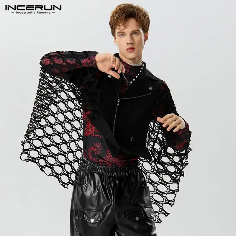 

American Style New Men Hollow Mesh Locomotive Wind Design Trench Coat Casual Street Lapel Patchwork Cape S-5XL INCERUN Tops 2023