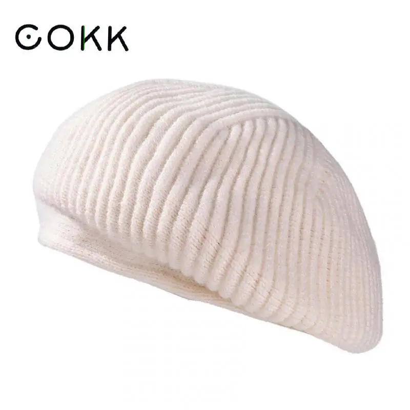 

COKK Beret Women Hat Winter Warm Knitted Hats For Women Solid Color Stripe Flat Painter Cap Female Casual Boina Chapeau Femme