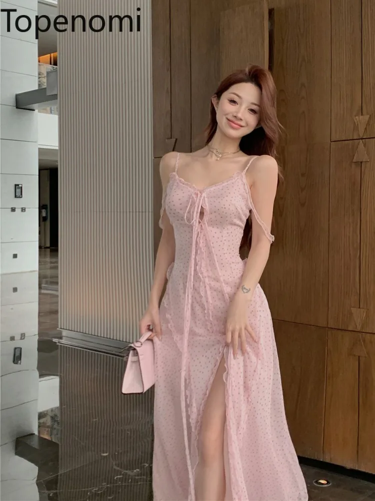 Женское Сетчатое вечернее платье Topenomi, розовое облегающее платье в горошек на бретелях с оборками и разрезом, длинное летнее платье для девушек 
Женское Сетчатое вечернее платье Topenomi, розовое облегающее платье в горошек на бретелях с оборками и разрезом, длинное летнее платье для девушек