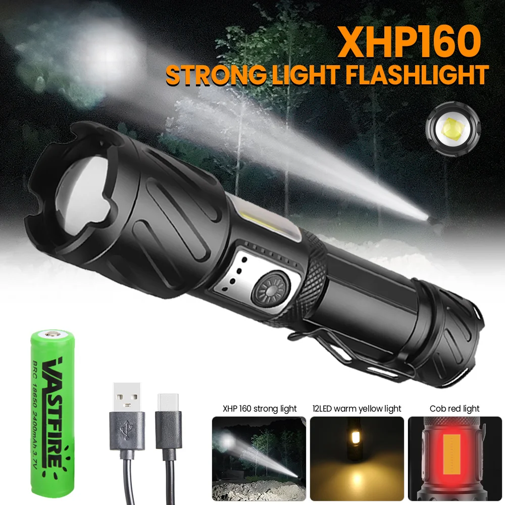 

XHP160 Super Bright LED Fashlight Waterproof USB Rechargeable Lantern Zoomable Tactical Hunting Hiking Torch 18650/26650 Battery