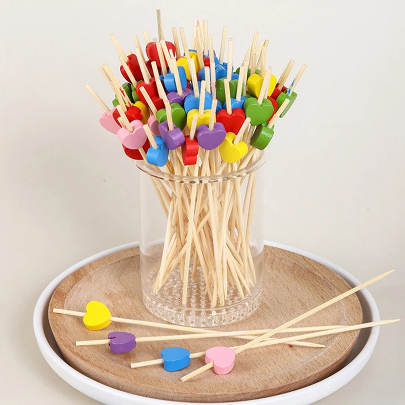 

100Pcs 12cm Heart Shaped Bamboo Pick Buffet Cupcake Fruit Fork Party Dessert Salad Stick Cocktail Skewer for Wedding Party Decor