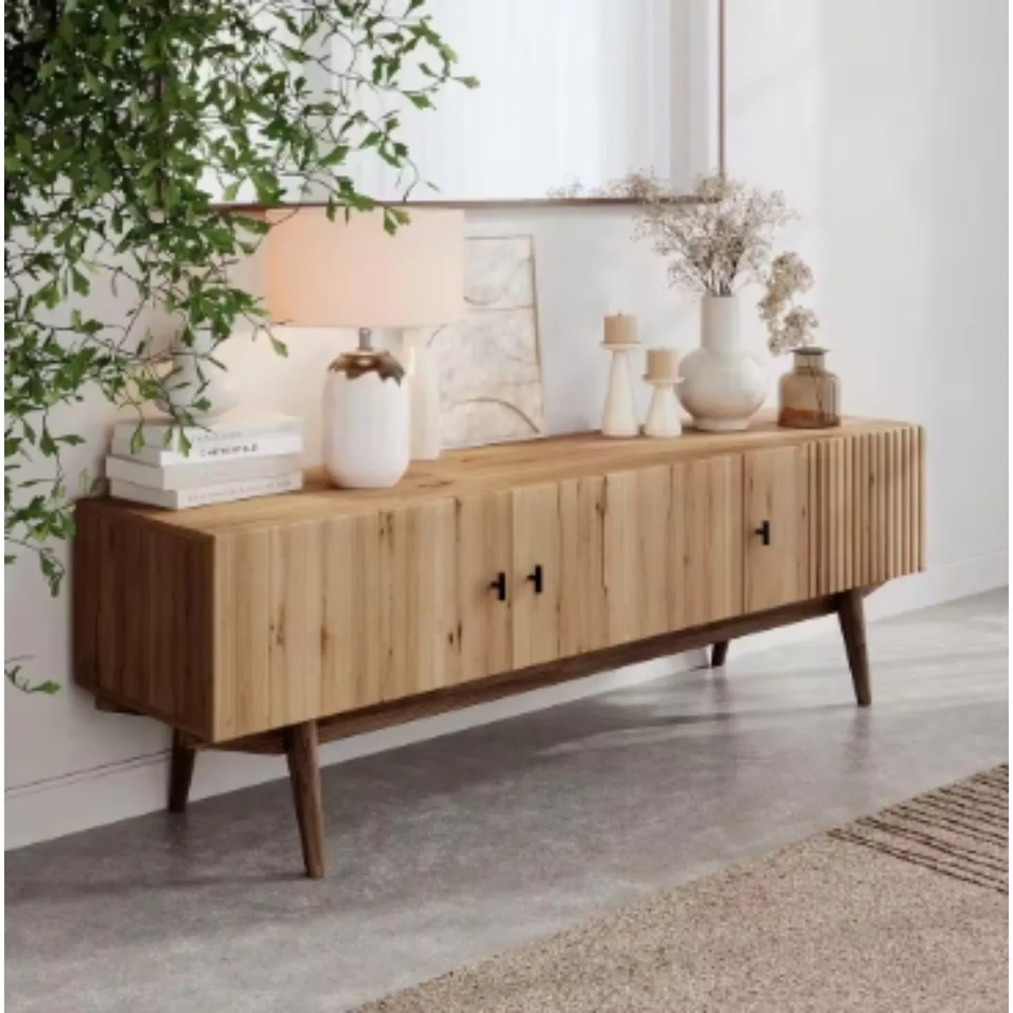 US Chelsea 59 in. Light Brown TV Stand Fits for TV's up to 65 in. Slatted Design and Wood Legs
US Chelsea 59 in. Light Brown TV Stand Fits for TV's up to 65 in. Slatted Design and Wood Legs