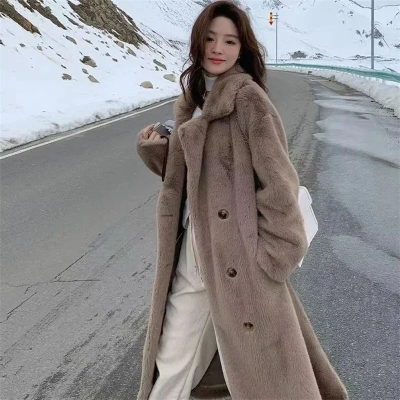 

Environmentally Friendly Fur Outwear Women's Winter 2024 New Mid Length Double-breasted Long Sleeved Warm Mink Fur Plush Coat