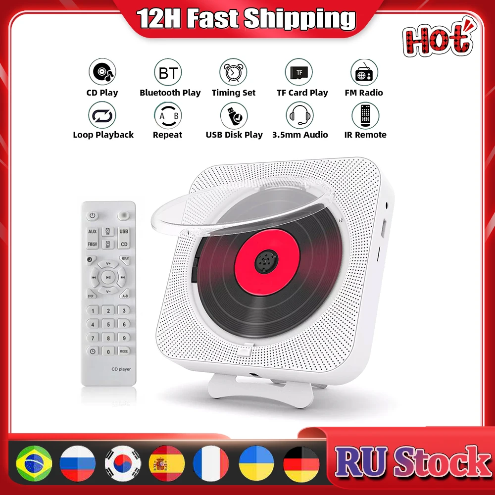 

Portable CD Player Bluetooth Speaker LED Screen Wall Mountable Stereo Players CD Music Player with IR Remote Control FM Radio