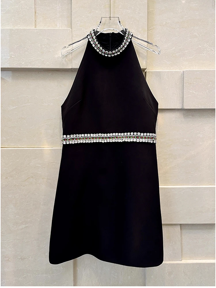 

HIGH STREET Newest 2024 Fashion Stylish Designer Women's Metallic Diamonds Beading Round Collar Sleeveless Dress