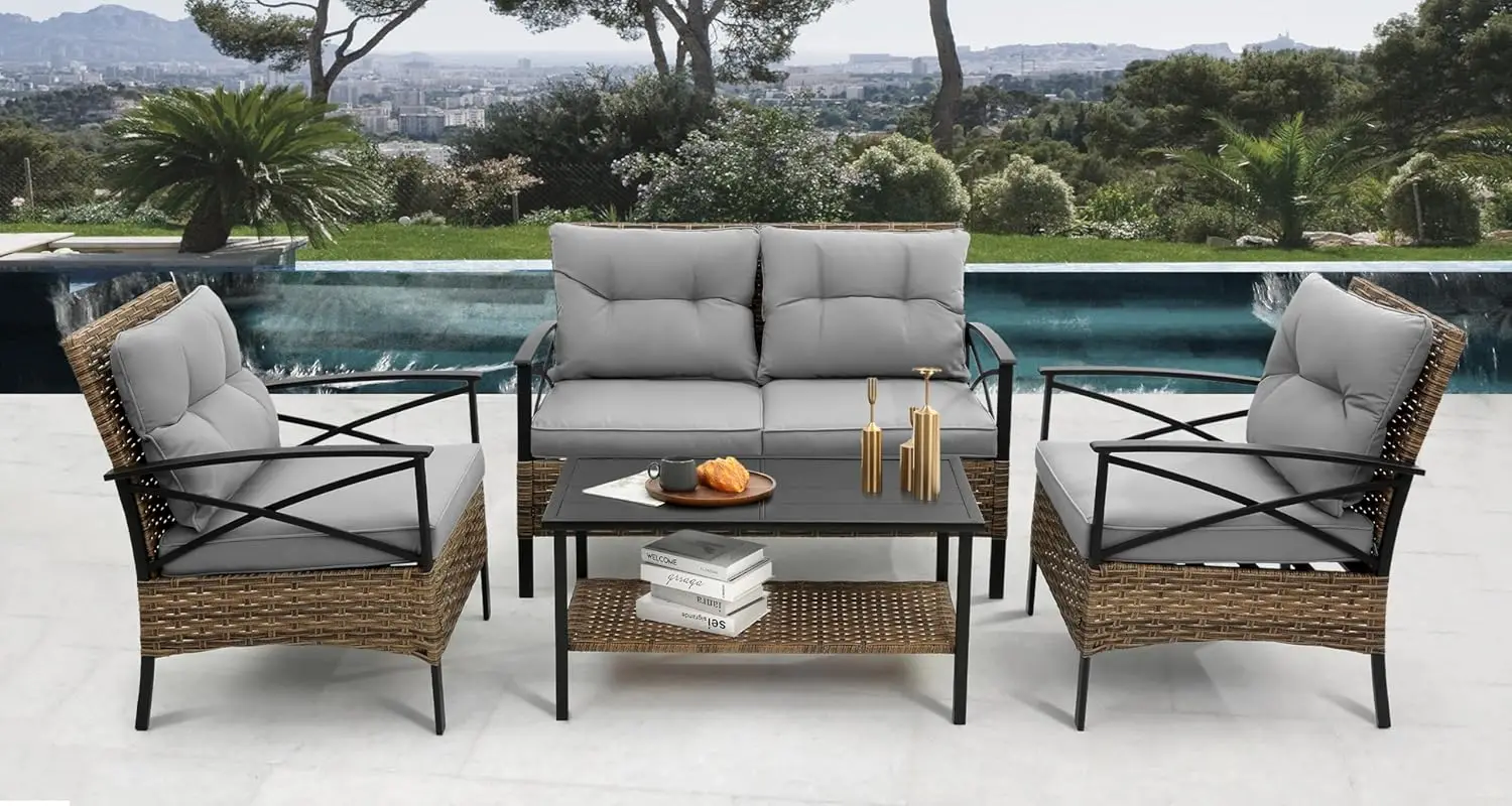 Outdoor Patio Furniture Set, 4 Piece Backyard Wicker Conversation Sets, Rattan Sofa with Table for Balcony Porch Outside Garden
Outdoor Patio Furniture Set, 4 Piece Backyard Wicker Conversation Sets, Rattan Sofa with Table for Balcony Porch Outside Garden