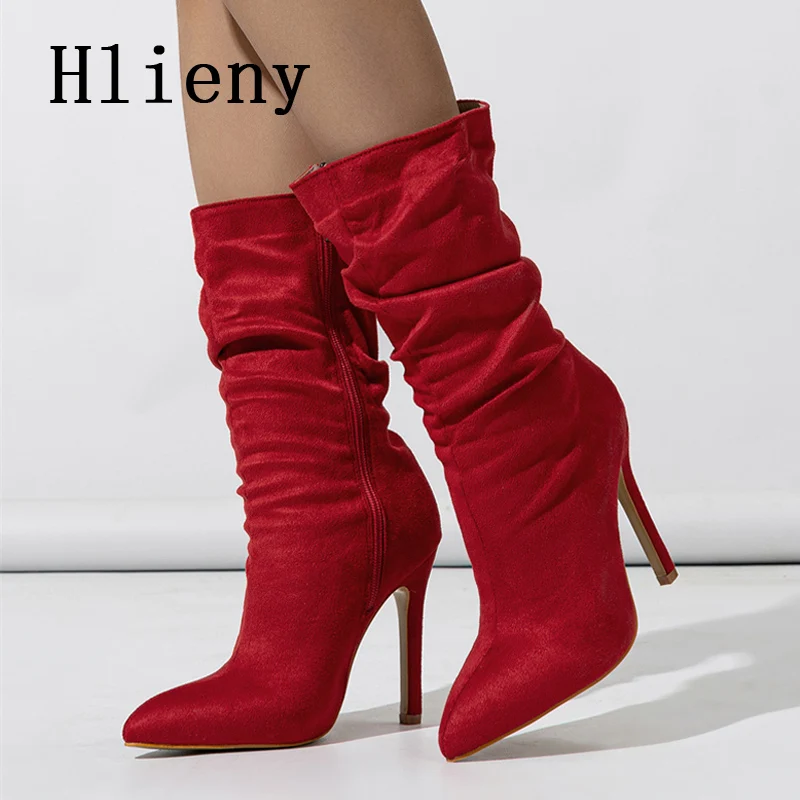 

Hlieny Fashion Pleated Pointed Toe Ankle Boots Women Thin High Heels Shoes Autumn Vintage Western Mid-Calf Booties Size 35-42