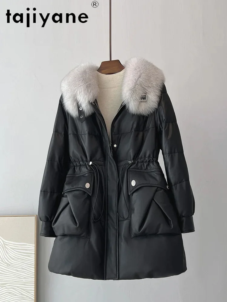 

Genuine Tajiyane Sheepskin Leather Down Jackets for Women Winter Mid-length Real Jacket Loose Coats Fox Fur Collar