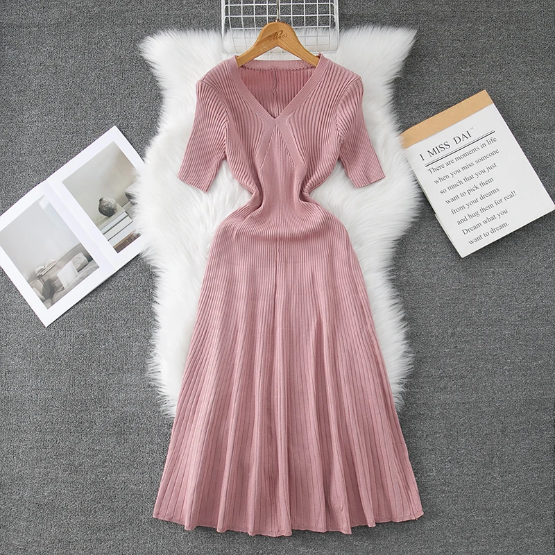 

Винтажное Элегантное трикотажное облегающее платье стрейч с коротким рукавом, французское модное Повседневное платье, базовые летние пляжные платья с V-образным вырезом