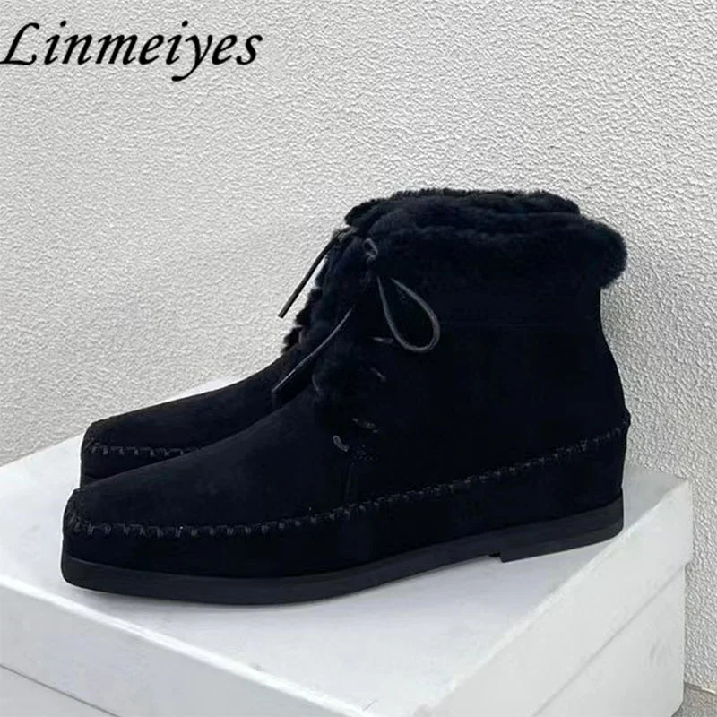 New Kid Suede Flat Ankle Boots Square Toe Lace-up Inside Wool Warm Snow Boots Female Winter Comfort Leisure Short Boots Woman
New Kid Suede Flat Ankle Boots Square Toe Lace-up Inside Wool Warm Snow Boots Female Winter Comfort Leisure Short Boots Woman