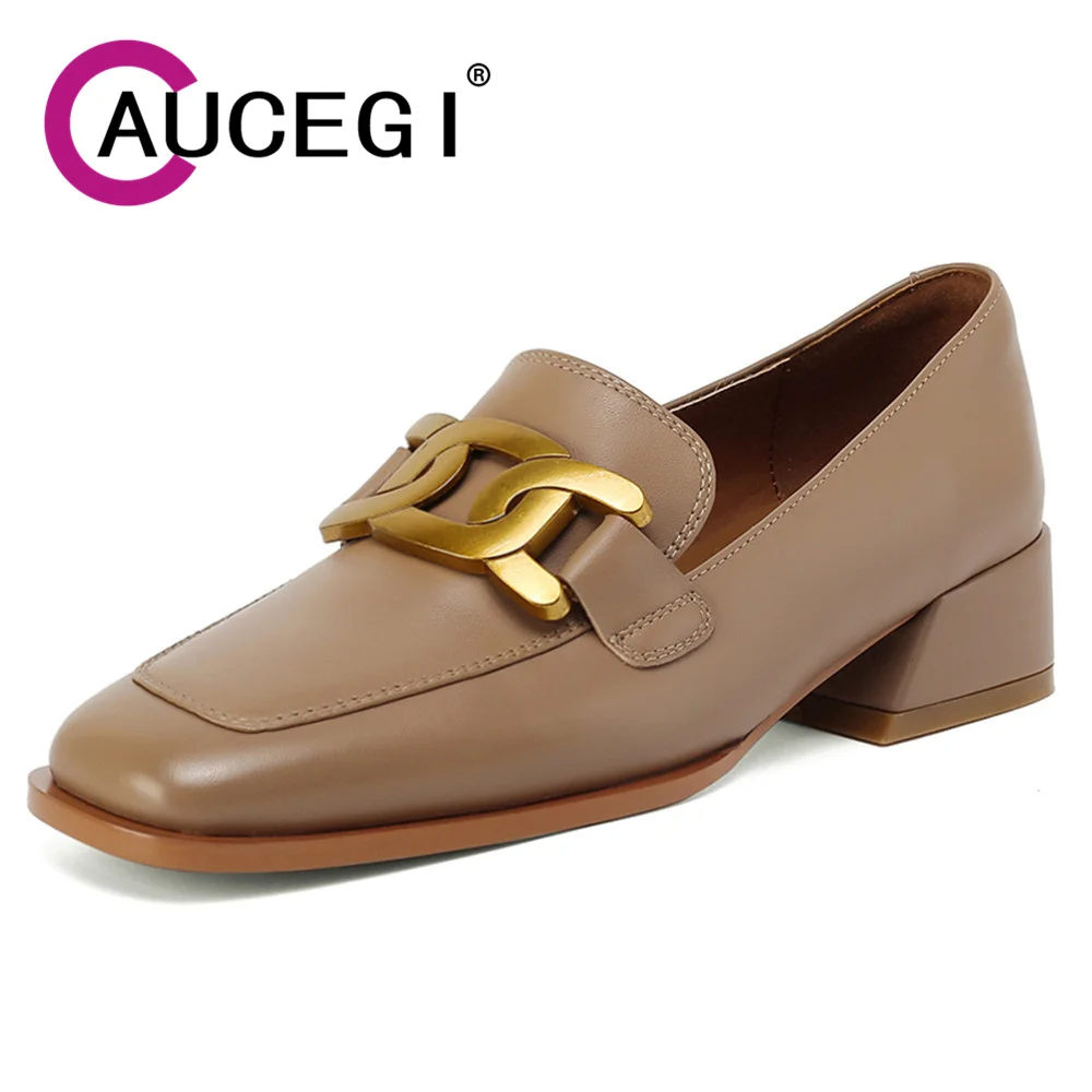 

Aucegi New Style Square Toe Loafers Women Spring Autumn Genuine Leather Pumps Slip On Thick Heels Metal Decorations Shoes