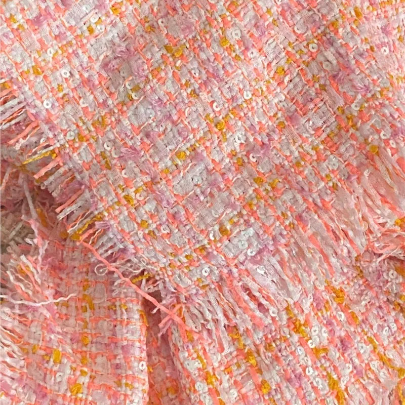 

Orange pink plaid sequin tweed fabric Wide 100cm x 150cm ladies tweed fabric Vintage Coarse Tweed Diy Coat Suit