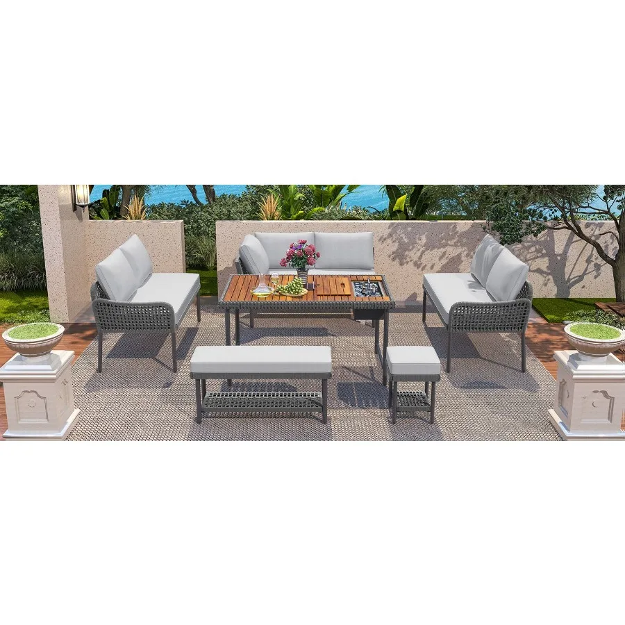 KK 6Piece Rope Patio Furniture LShaped Set Outdoor Sectional Sofa Set with Acacia Wood Table with Ice Box Rope Benches Rope Con KK 6Piece Rope Patio Furniture LShaped Set Outdoor Sectional Sofa Set with Acacia Wood Table with Ice Box Rope Benches Rope Con