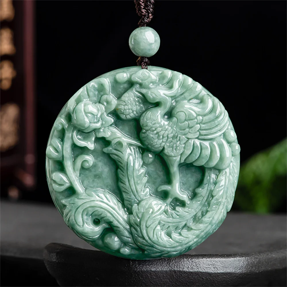 

Natural Green Jadeite Carved Phoenix Peony Flower Lucky Pendant Amulet Necklace Certificate Luxury Jade Vintage Gift Jewelry