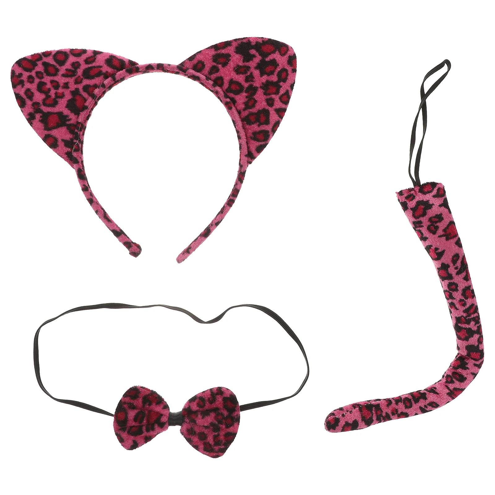 

3Pcs Cat Costume Ears Headband Bow Ties Tail Set Uniform for Kindergarten Masquerades Party Cartoon Performance Schoolgirl- Rosy