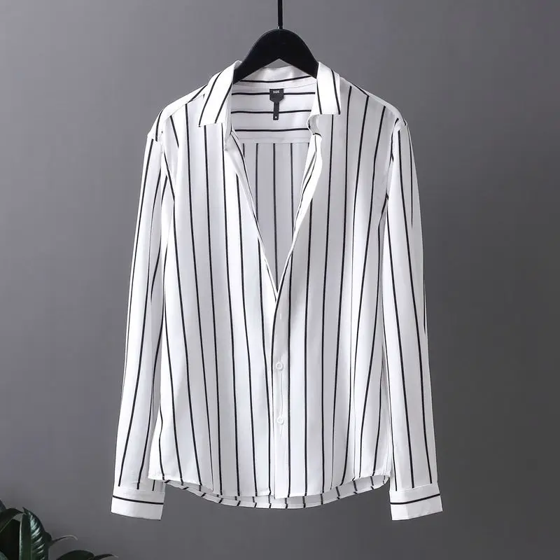 

Spring Autumn New Fashion Elegant Polo Collar Clothing Long Sleeved Stripes Versatile Commuting Loose Comfortable Men's Shirts