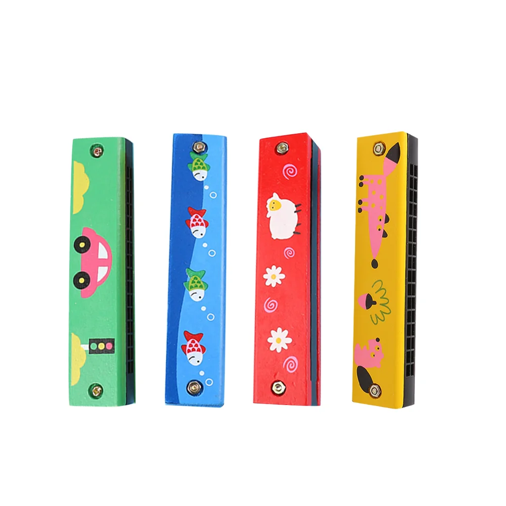 

4pcs Wooden Harmonica Toys 16 Holes Double Row Educational Musical Instruments for Kid (Random Pattern)