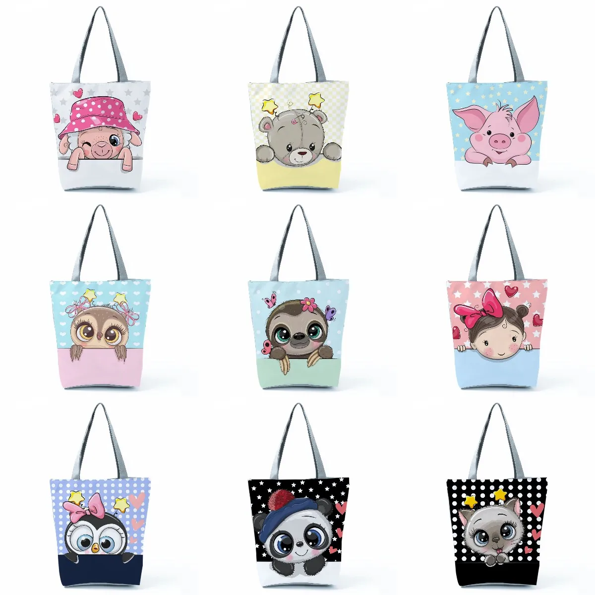 

Contrast Pattern Women's Shoulder Bag Cartoon Animal Print Ladies Shopper Bag Foldable Handbag Large Capacity Outdoor Travel Bag