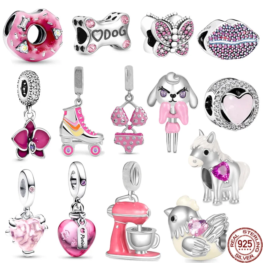 

Pink Series Roller Skates Bikini Murano Glass Heart Dangle Charm Bead Fit Original Pandora Silver 925 Bracelet DIY Jewelry Gift