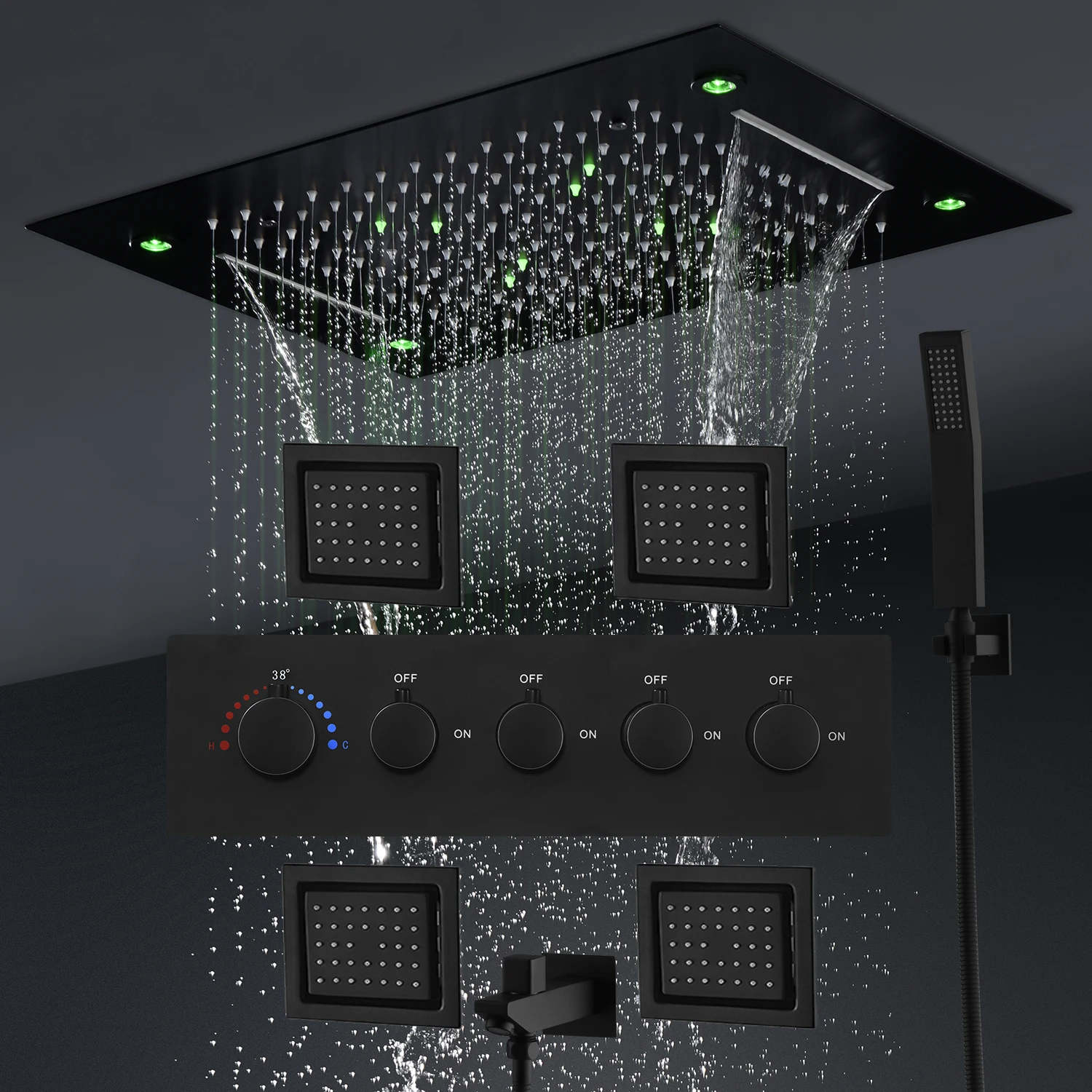 

Matte Black LED Shower Head Panel Rain Waterfall Shower System Set Lateral Jet With Thermostatic Mixer Valve Diverter