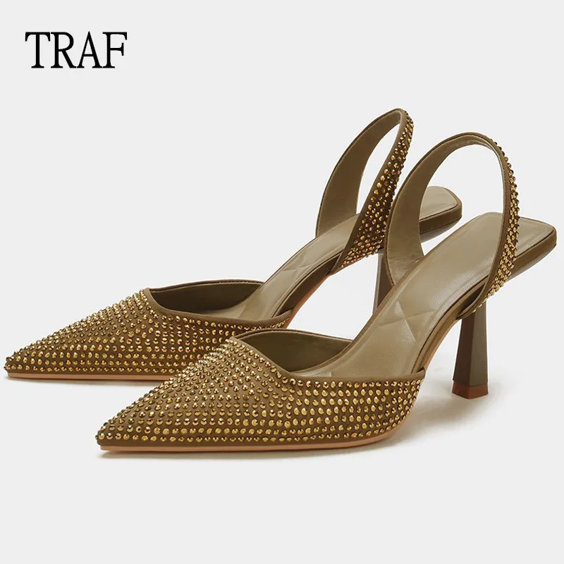 

TRAF Rhinestone High Heel Women 2022 Summer Office Lady Pumps Fashion Black Blue Sandals Female Slingback Stiletto Heels Woman