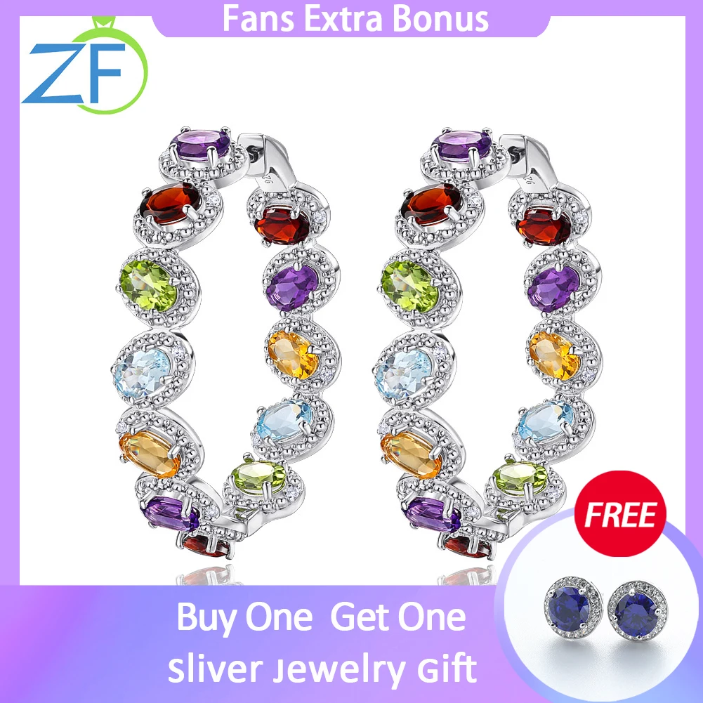 

GZ ZONGFA 925 Sterling Silver Big Hoop Earrings for Women Natural Garnet Peridot Amethyst Mixed Color Gemstone Fine Jewelry