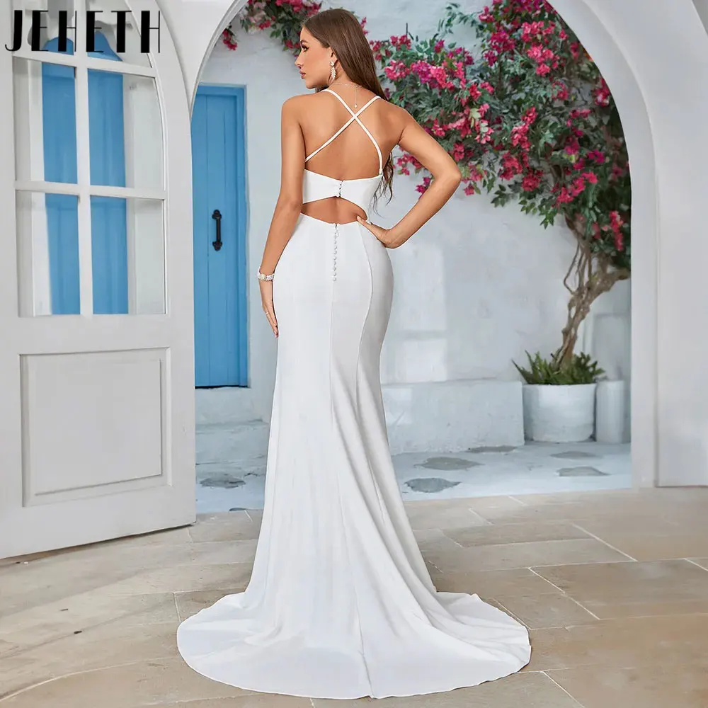 

JEHETH Simple Backless Satin Bridal Gowns Elegant Spaghetti Straps V-Neck Wedding Dresses Side Slit Vestido De Novia Custom Made