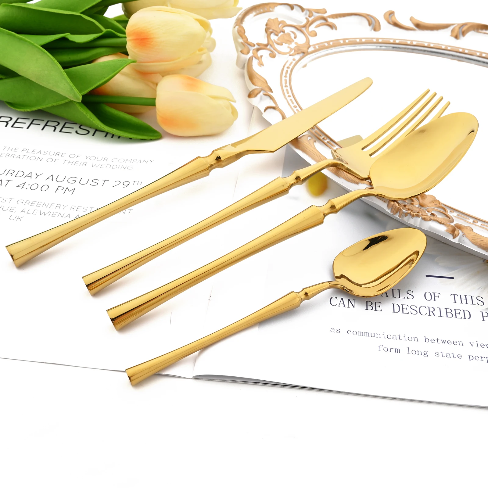 

1/2/4/6set Luxury 304 Dinnerware Set Stainless Steel Tableware Gold Vintage Quality Cutlery Knife Fork Spoon Western Flatware